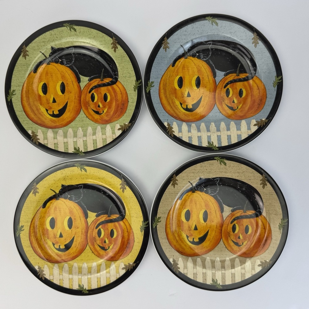 4 Pumpkin Dreams Sakura Salad Plates Black Cat Pumpkins Warren Kimble Halloween